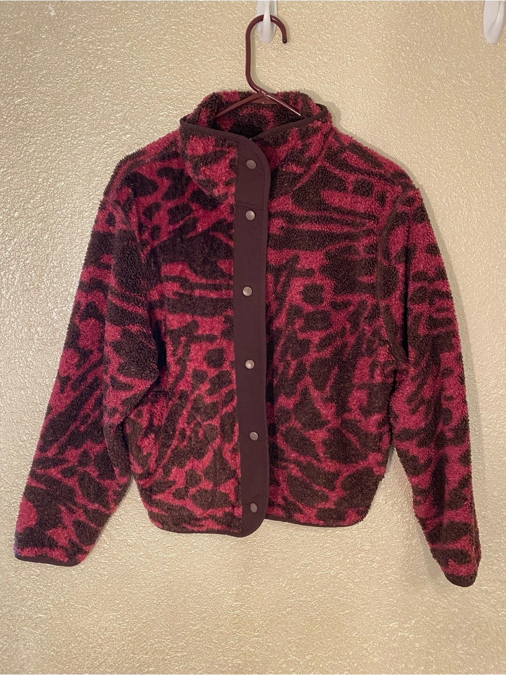 Zella Fleece Snap-Front Jacket in Dark Pink & Brown